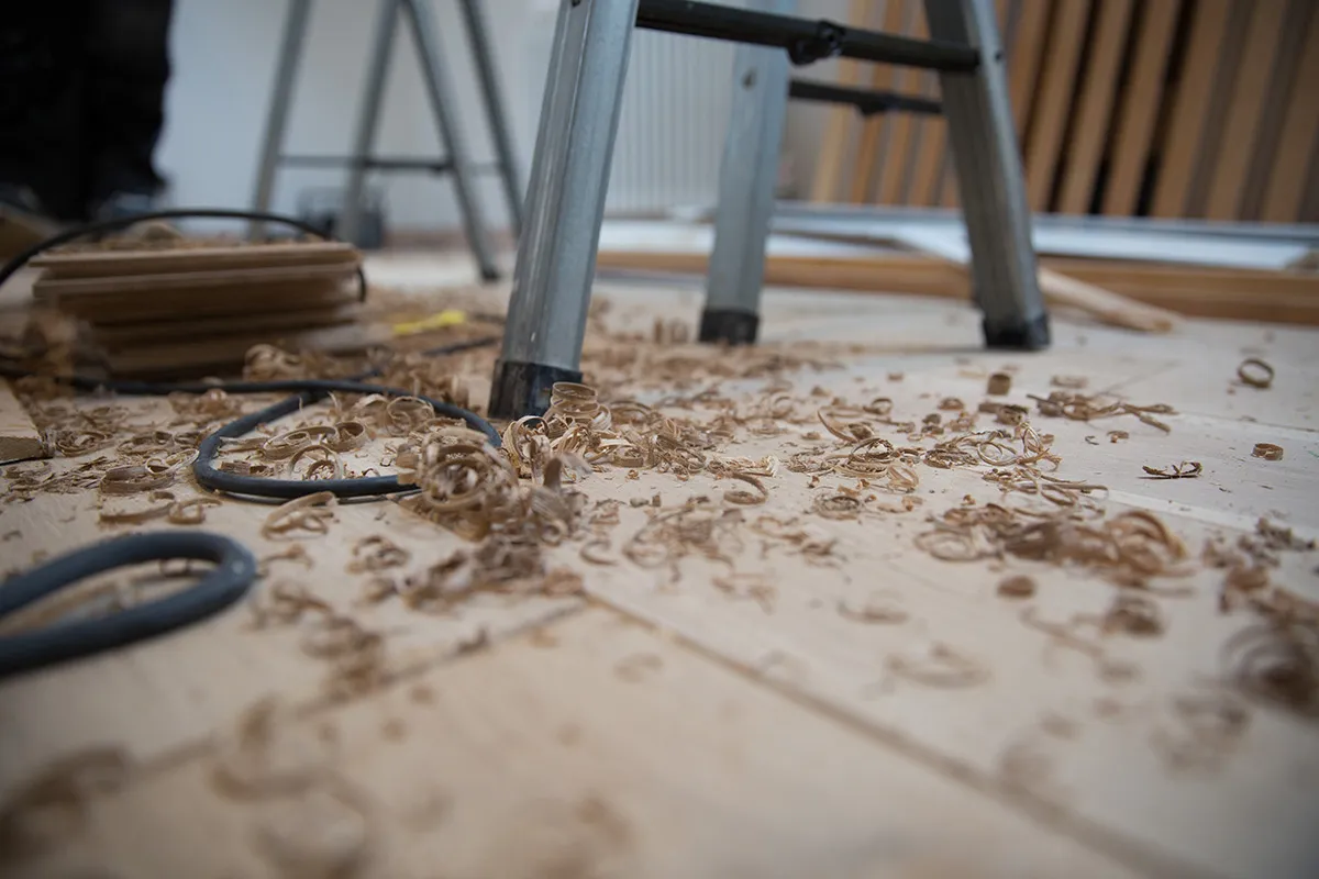 Carpenter's workbench with woodworking tools used by the Principle Kitchens team