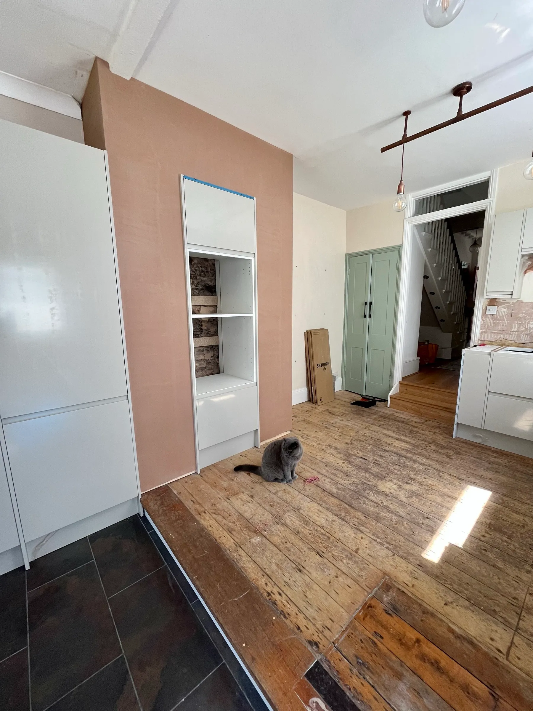 Kitchen mid-installation with handleless units fitted, freshly plastered walls and the household cat inspecting progress
